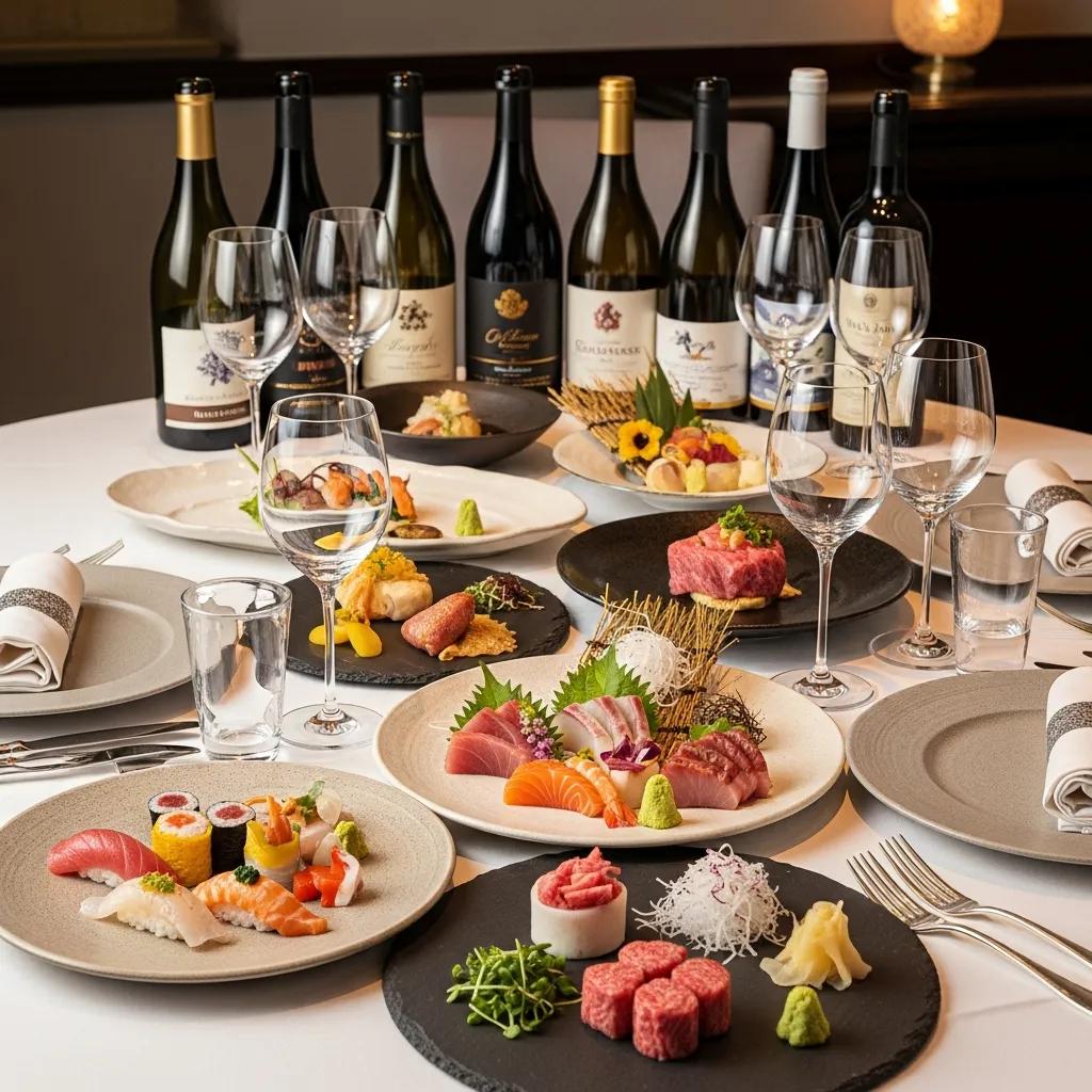 Elegant fine dining table featuring premium wines and an array of Japanese cuisine, including sushi, sashimi, and A5 Wagyu, set in a luxurious restaurant atmosphere.