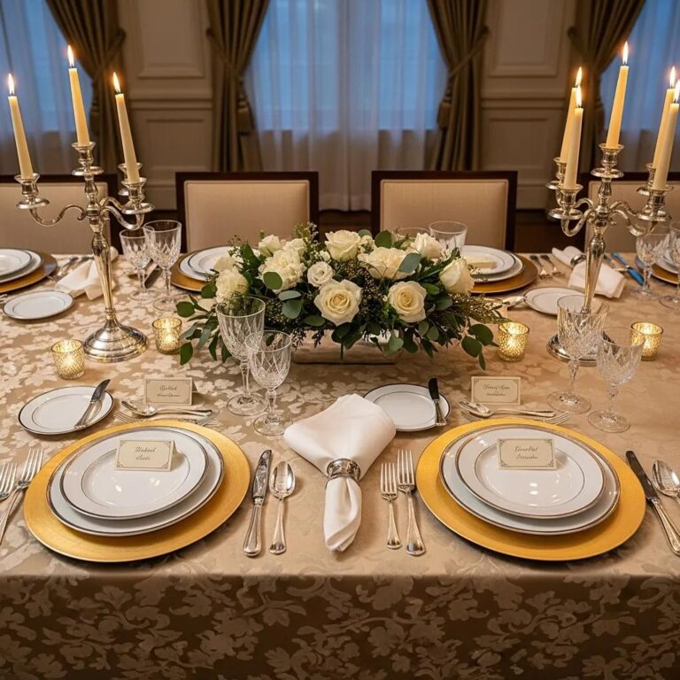 Elegant formal dining table setting with dinnerware, silverware, and glassware