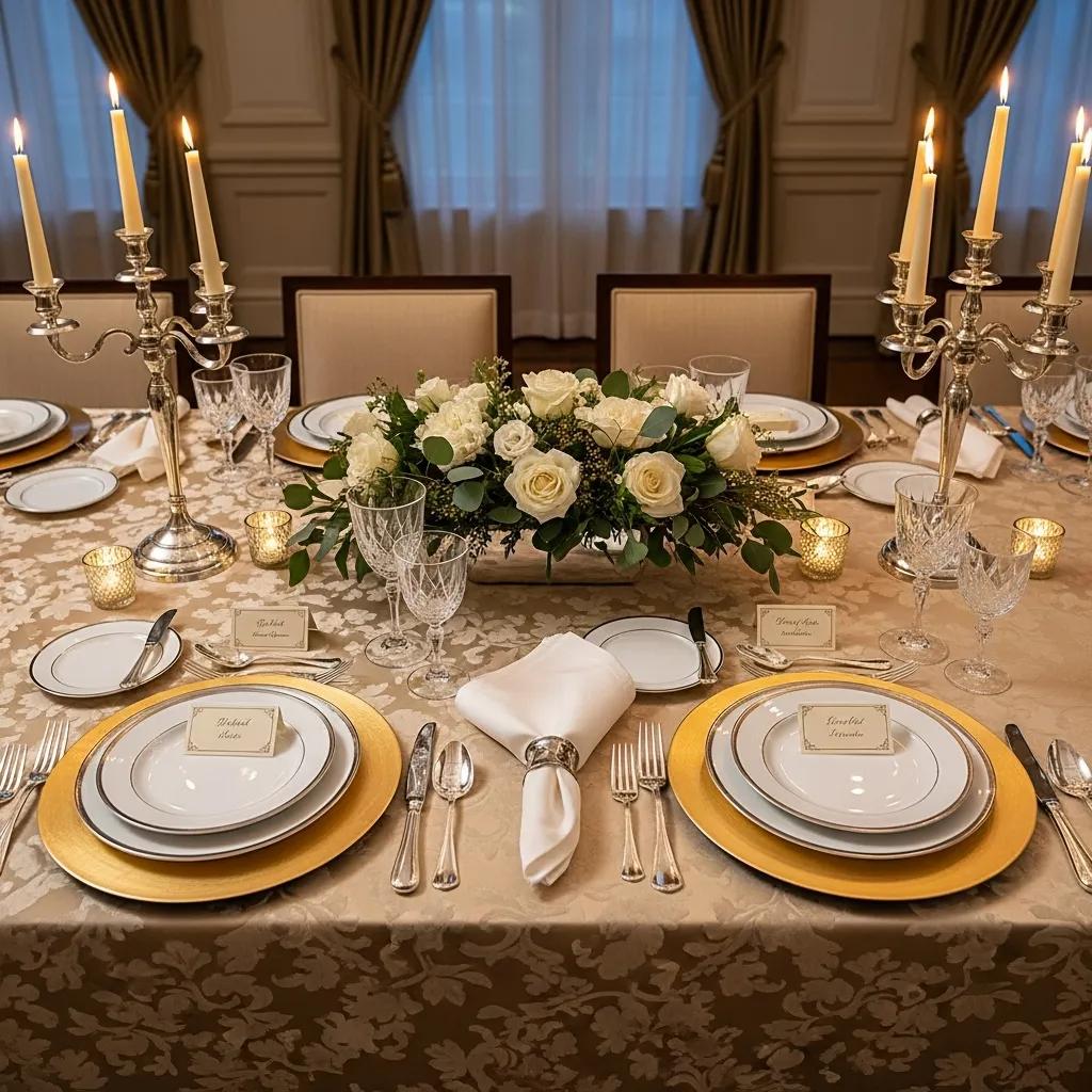 Elegant formal dining table setting with dinnerware, silverware, and glassware