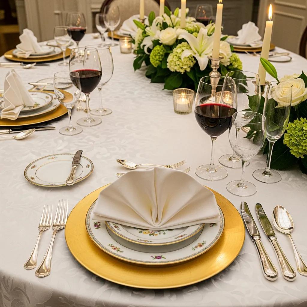 Elegant formal table setting with fine dinnerware, flatware, and glassware, featuring a centerpiece of white flowers and candles, suitable for luxury dining experiences at Kaviar.