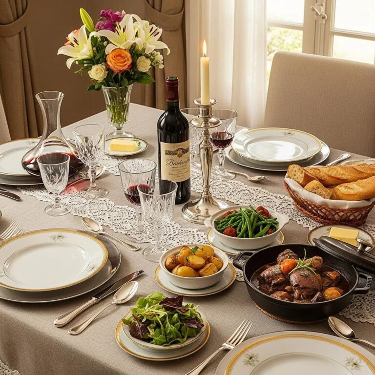 Elegant French dining table set with gourmet dishes, fine wine glasses, and a floral centerpiece, showcasing traditional French dining aesthetics and culinary presentation.