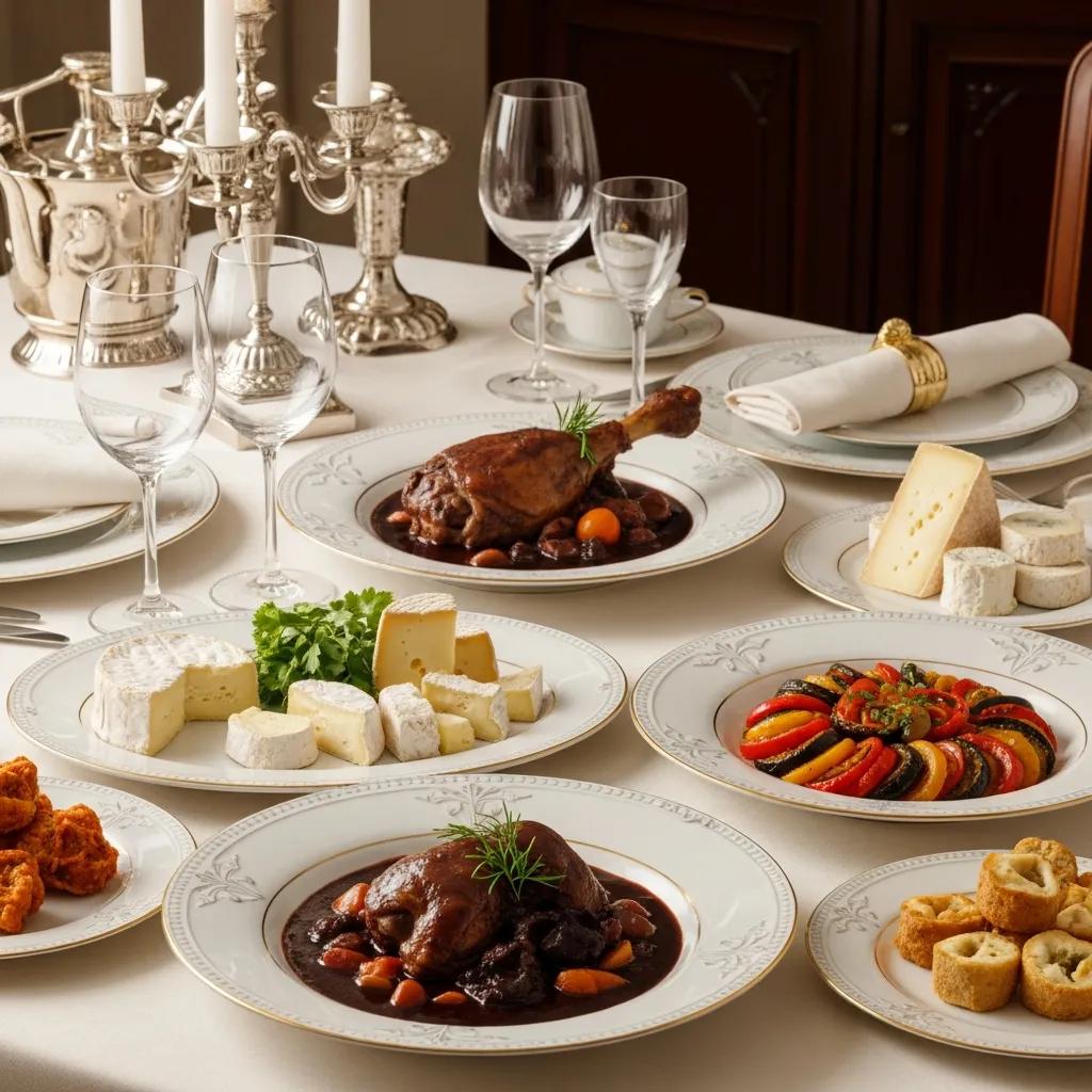 Elegant French dining table featuring traditional dishes, including duck leg in rich sauce, assorted cheeses, and vibrant ratatouille, set with fine glassware and silver accents, highlighting the culinary heritage of France.