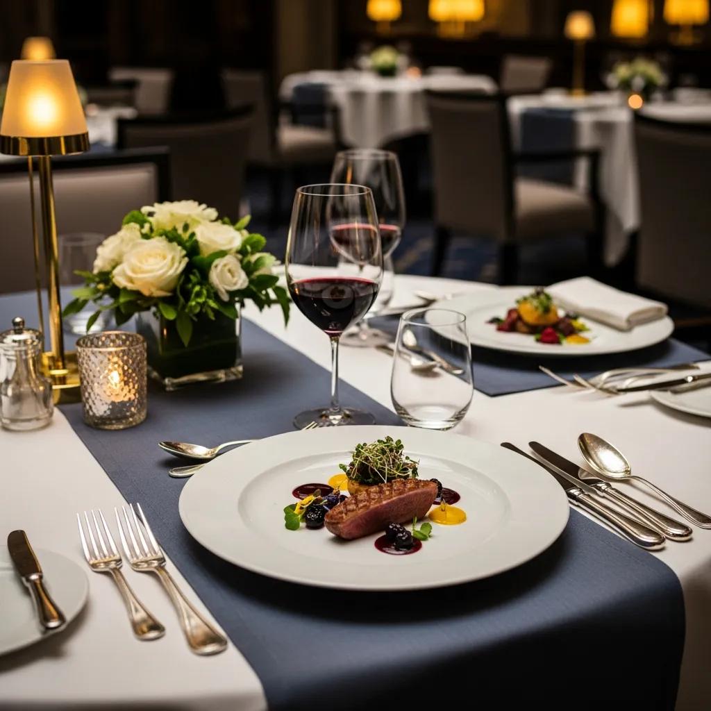 Elegant French fine dining table setting with gourmet dish and fine wine