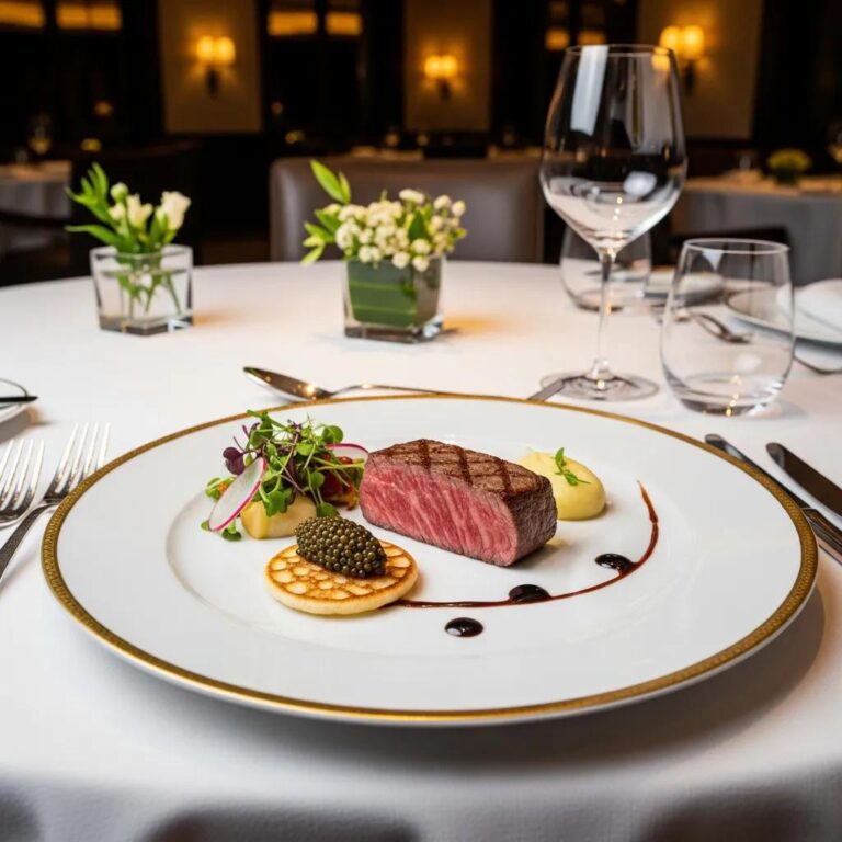 Elegant gluten-free fine dining plate featuring A5 Wagyu and caviar in a luxurious restaurant setting