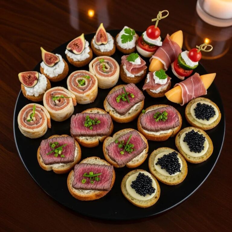 Elegant gourmet appetizers platter showcasing canapés with premium ingredients for entertaining