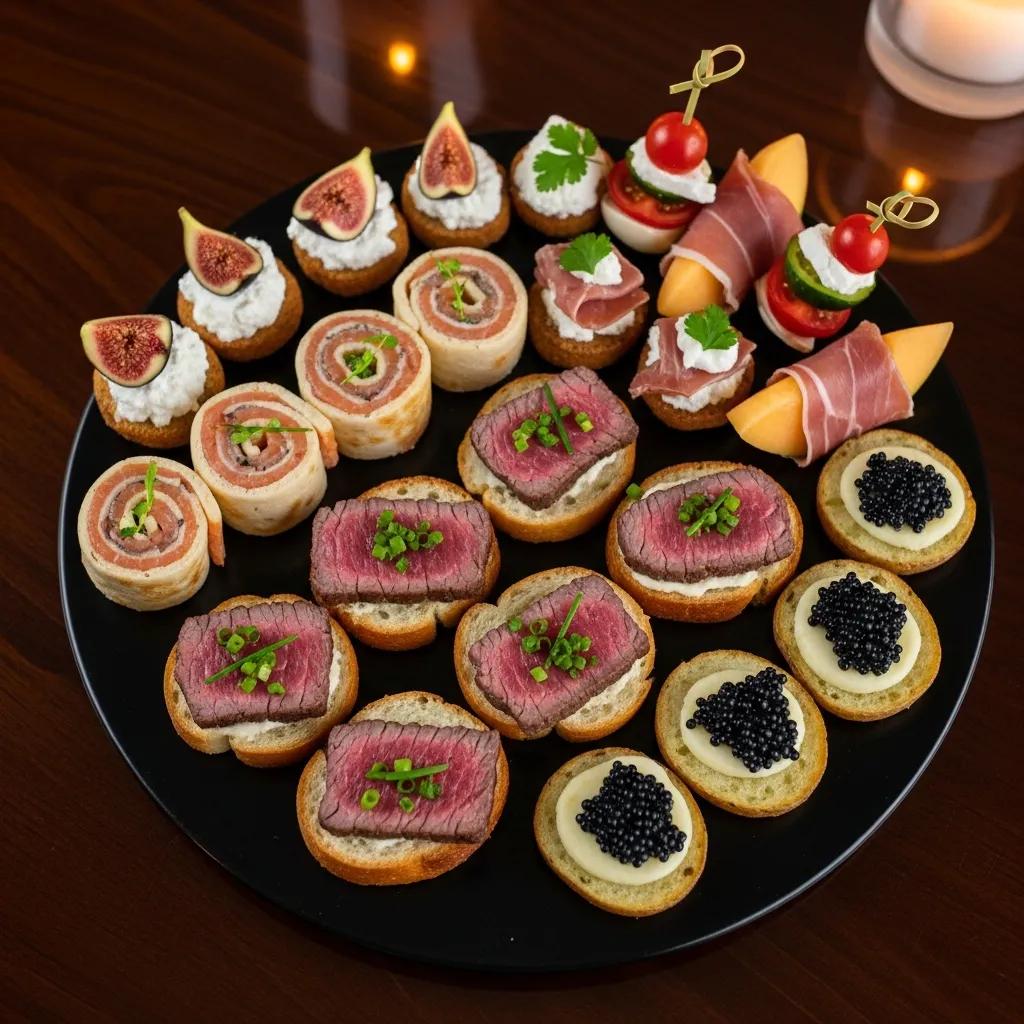Elegant gourmet appetizers platter showcasing canapés with premium ingredients for entertaining