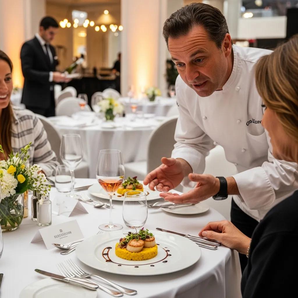 Refined gourmet plate at a luxury food festival with chef interaction