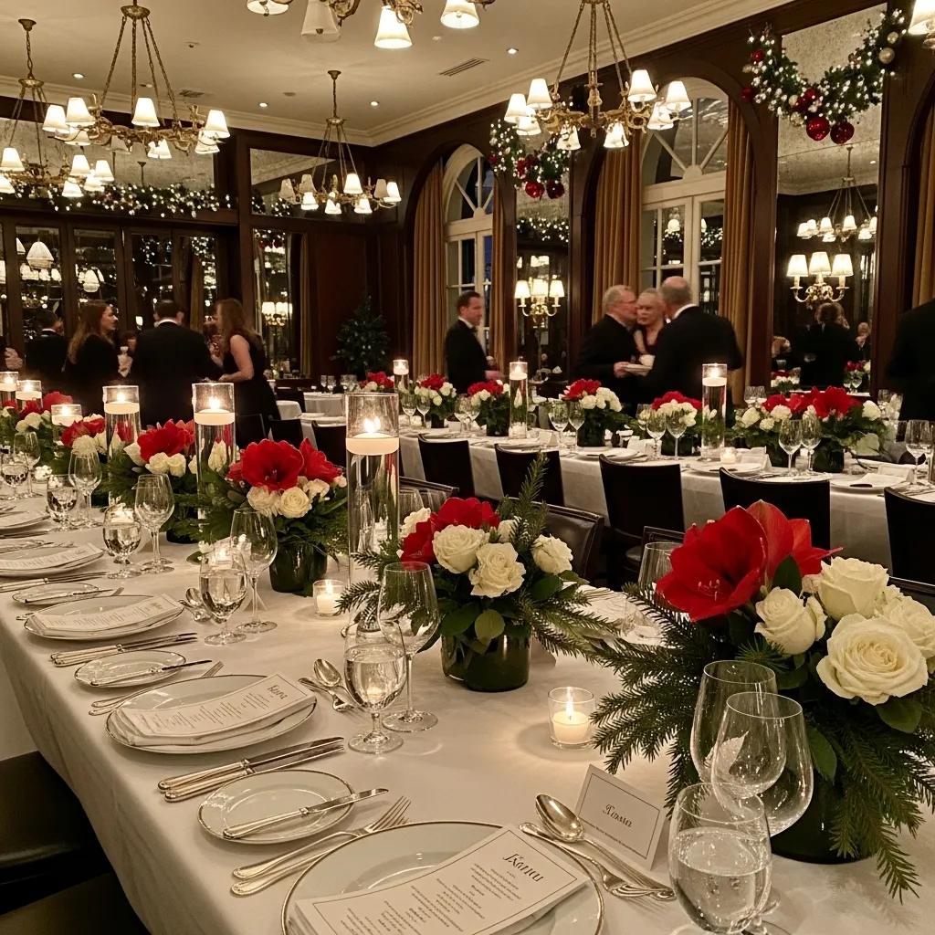 Elegant holiday party setup at Kaviar Pasadena showcasing fine dining and festive decorations