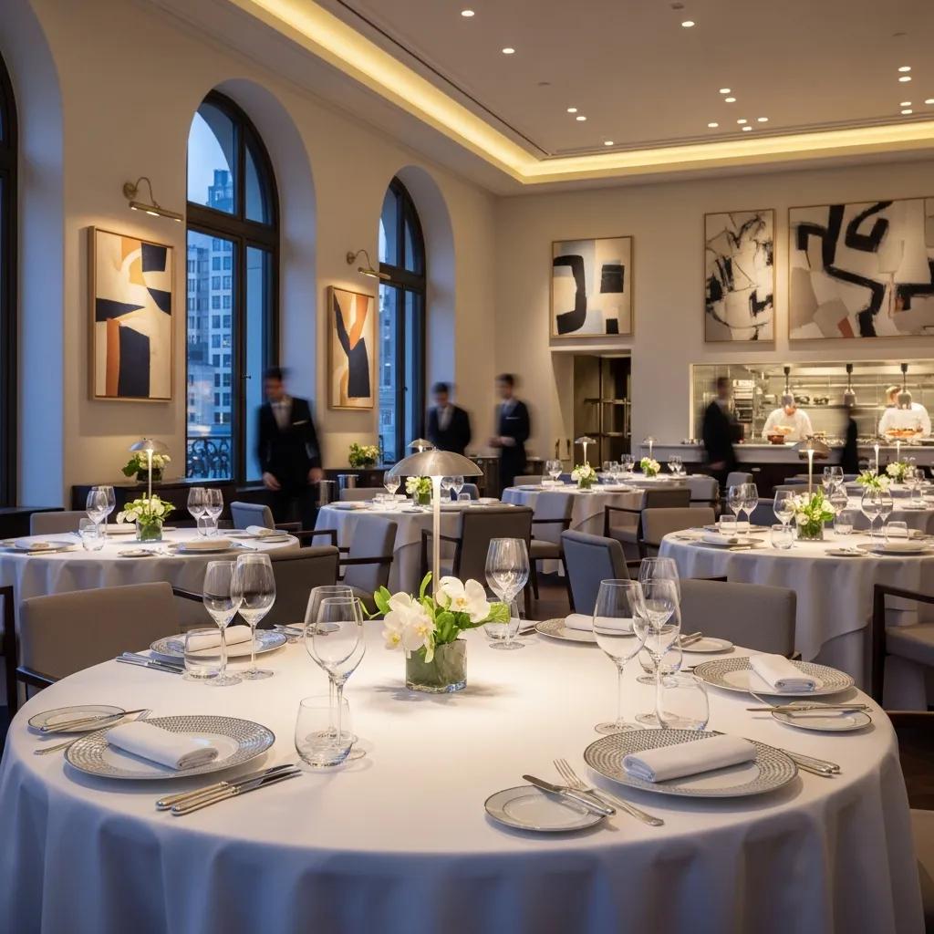 Elegant fine dining interior of a signature restaurant featuring meticulously set tables with white tablecloths, glassware, and floral centerpieces, complemented by contemporary artwork and a visible open kitchen, embodying the essence of high-end dining experiences like those offered by Michelin-star chefs.