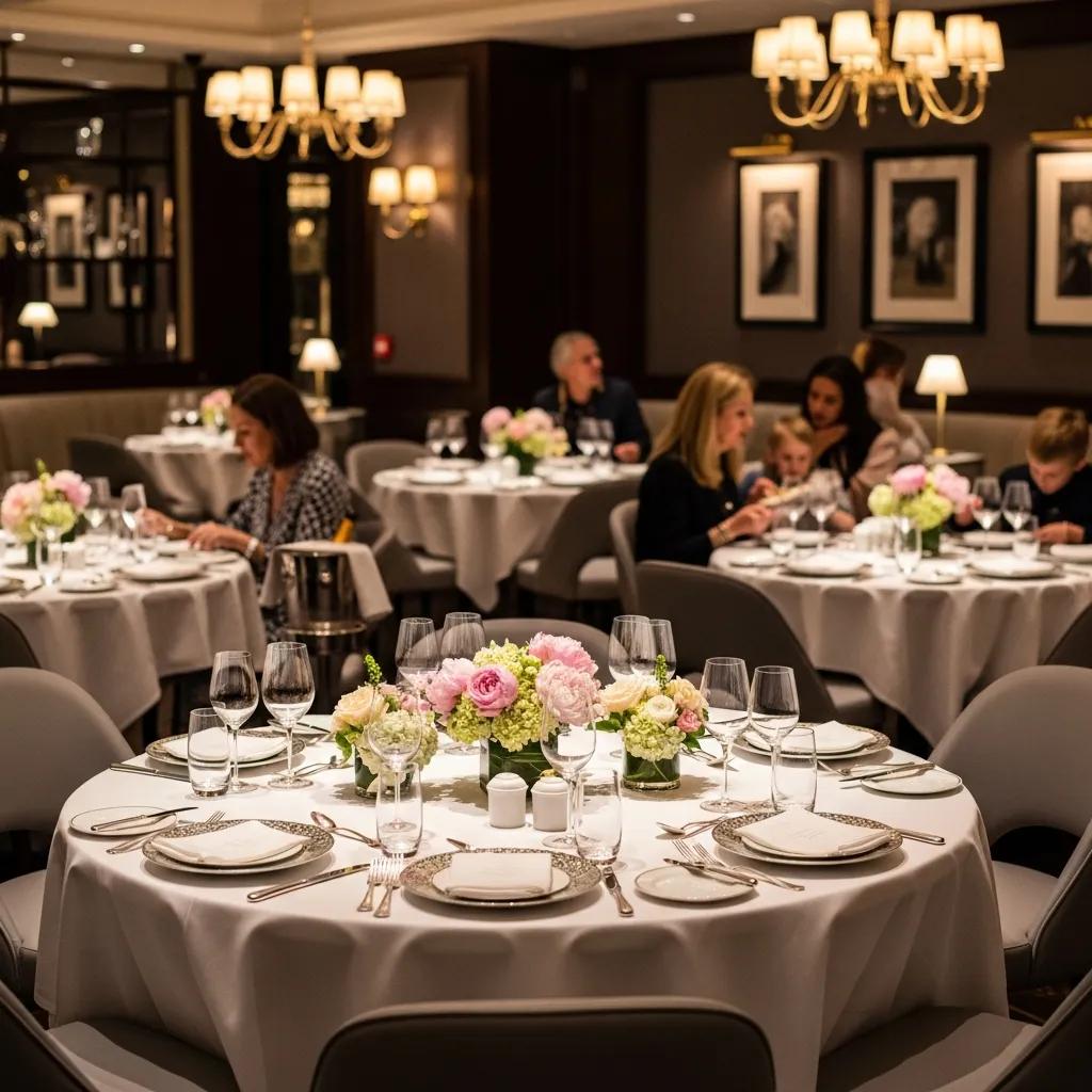 Elegant dining room at Kaviar restaurant, featuring refined table settings with floral centerpieces, glassware, and upscale d&eacute;cor, creating a luxurious ambiance for Mother's Day brunch.