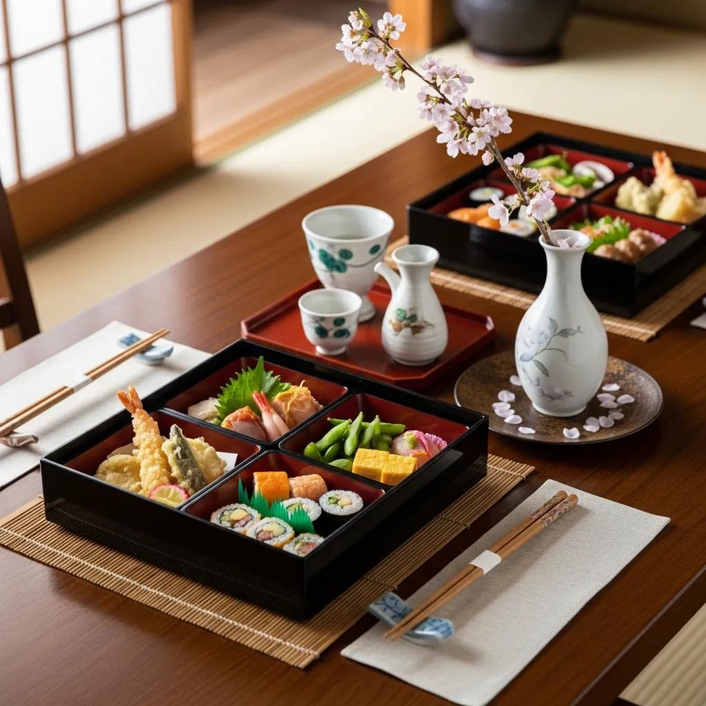 Elegant Japanese dining table setup with bento box, chopsticks, and cherry blossoms