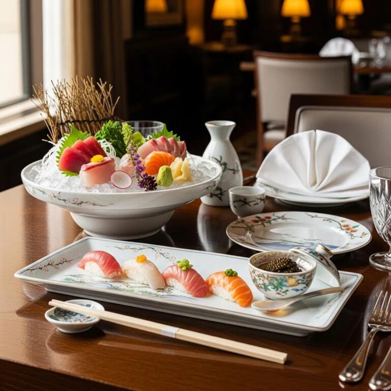 Elegant Japanese fine dining lunch spread at Kaviar Restaurant featuring seasonal sashimi, delicate nigiri, and caviar