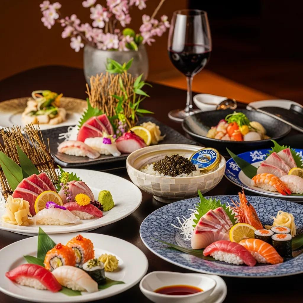 Elegant Japanese fine dining table setting featuring assorted sushi, sashimi, Kaluga caviar, and garnishes, with a glass of red wine and decorative cherry blossoms, showcasing Kaviar's culinary artistry and precision cooking.