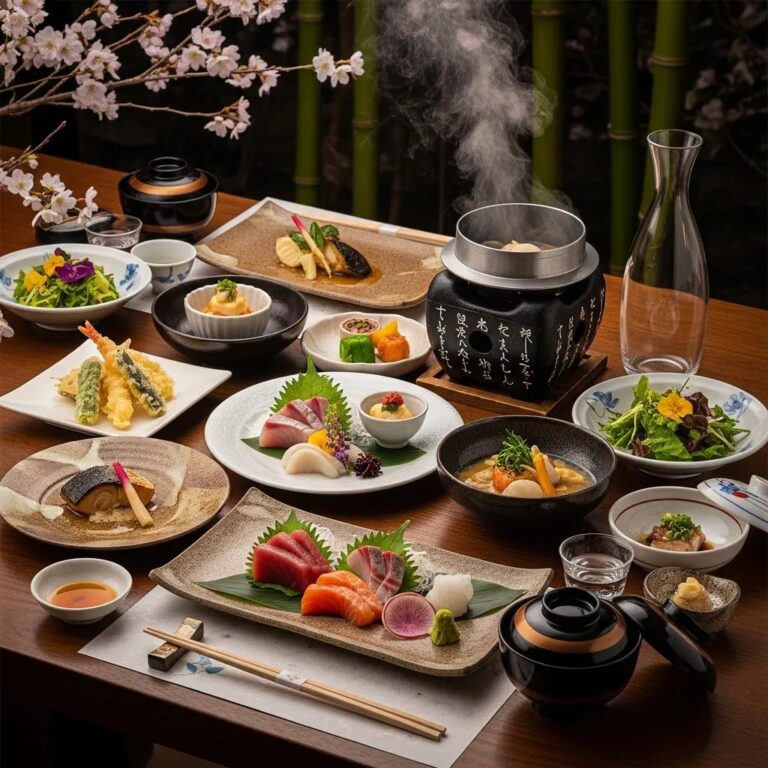 Elegant Japanese fine dining table setting featuring seasonal ingredients, assorted sushi and sashimi, tempura, and vibrant garnishes, surrounded by a serene atmosphere with cherry blossoms and bamboo accents.
