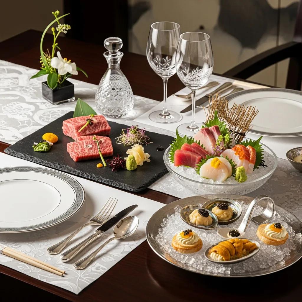 Elegant Japanese fine dining table featuring A5 Wagyu beef, assorted sashimi, caviar, and luxury dining elements in a refined setting.