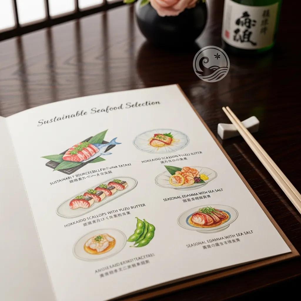 Sustainable seafood menu featuring dishes like Hokkaido scallops with yuzu butter and seasonal edamame with sea salt, set in an elegant Japanese restaurant ambiance.
