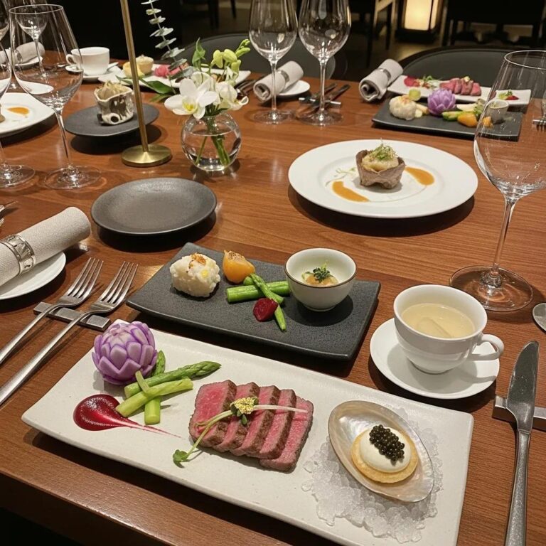Elegant modern Korean fine dining table with tasting menu featuring A5 Wagyu and caviar