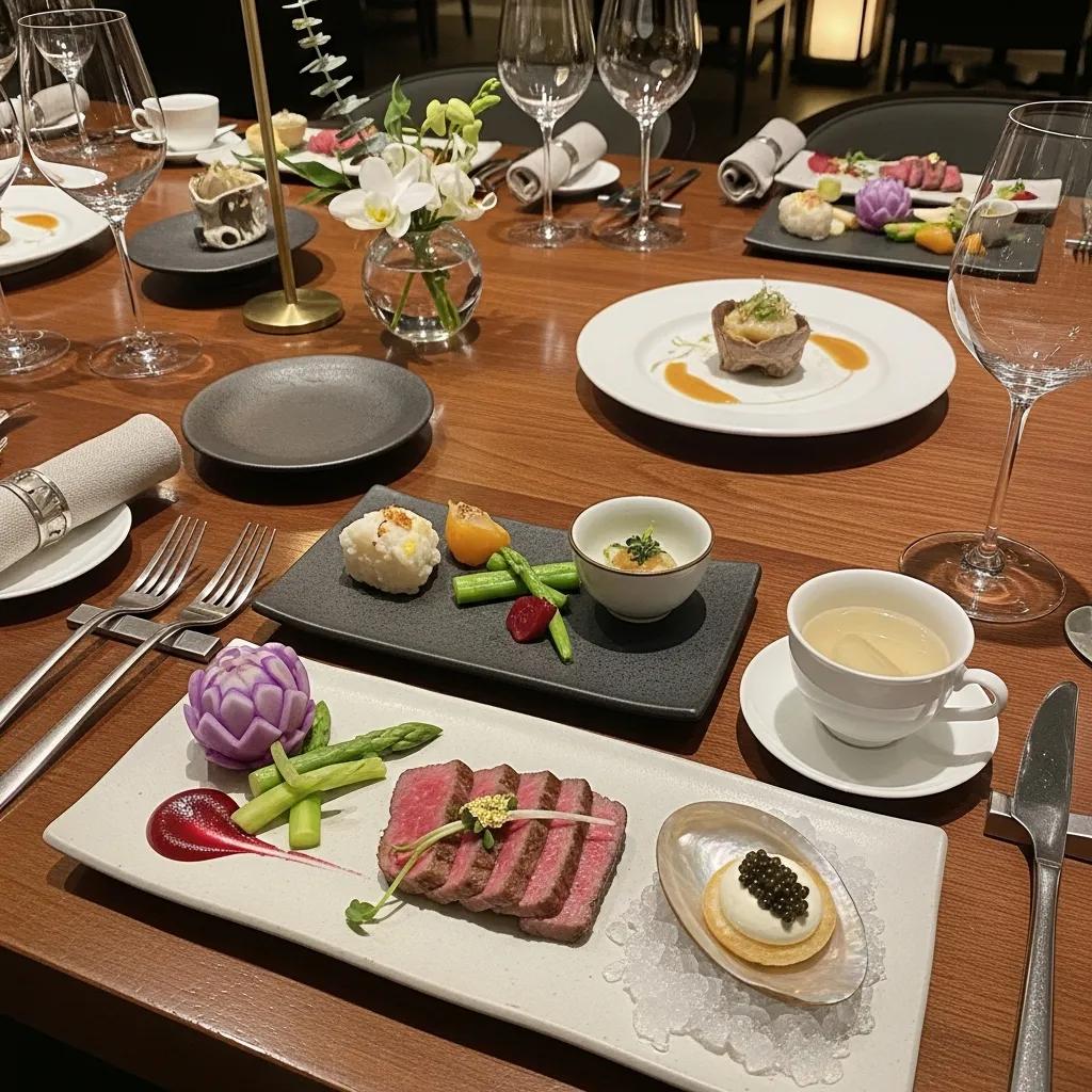 Elegant modern Korean fine dining table with tasting menu featuring A5 Wagyu and caviar