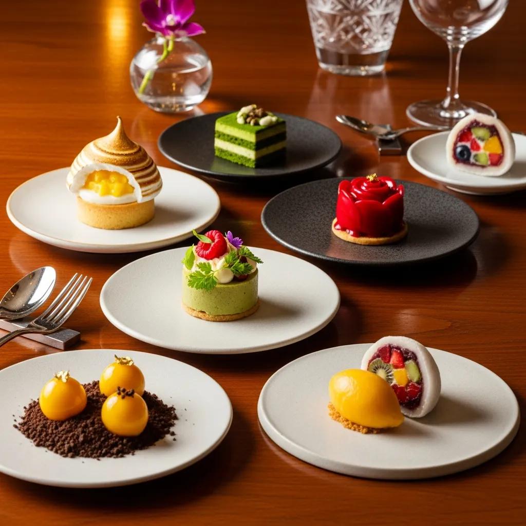 Elegant omakase dessert presentation featuring intricately crafted petits fours on fine dining plates, showcasing textures and flavors, including a meringue tart, matcha cake, and fruit-filled mochi, set against a polished wooden table with floral accents.