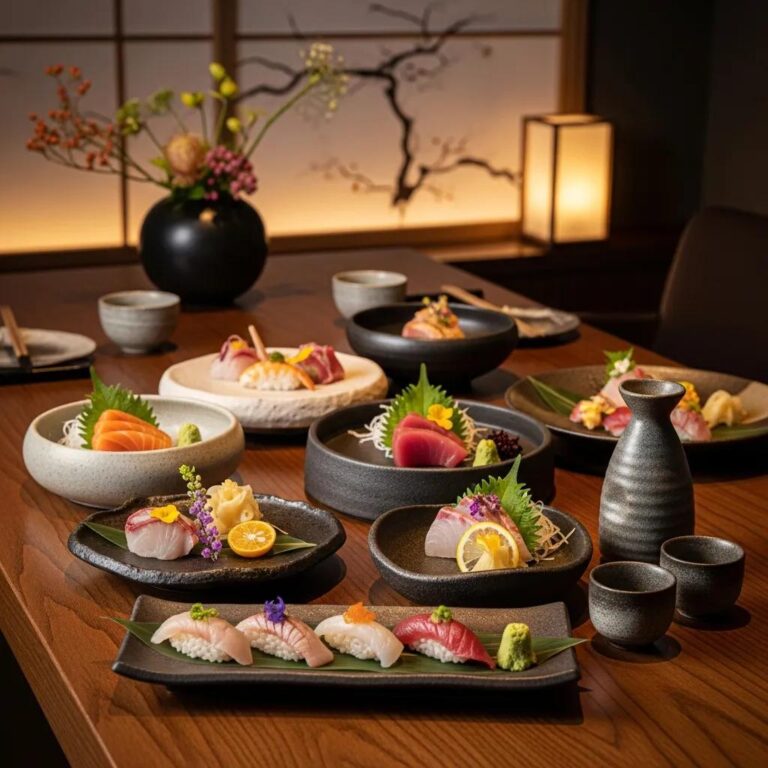 Elegant omakase dining setup at Kaviar Restaurant, highlighting seasonal sushi and luxurious ambiance