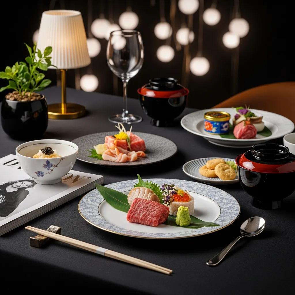 Elegant omakase dining setup showcasing A5 Wagyu and caviar in a luxurious atmosphere
