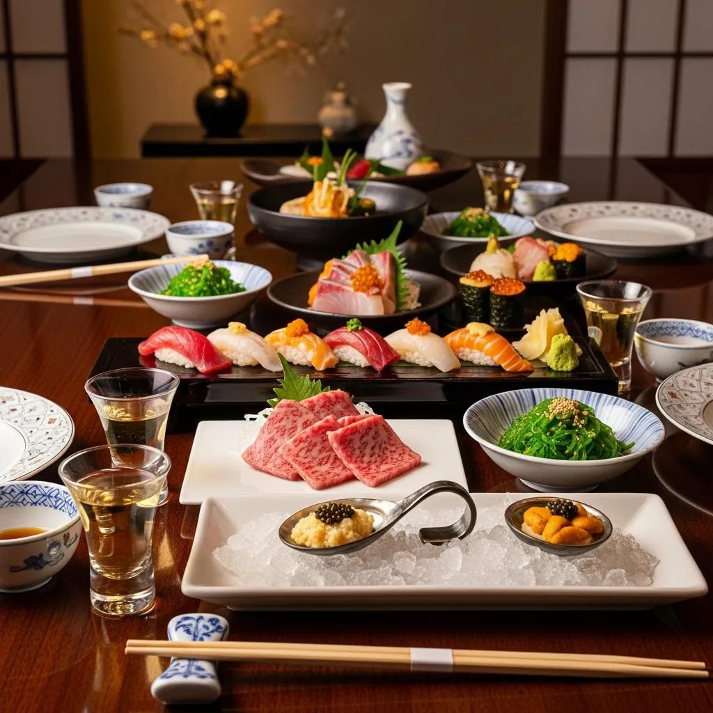 Elegant omakase dining setup showcasing A5 Wagyu and caviar in a luxury Japanese restaurant