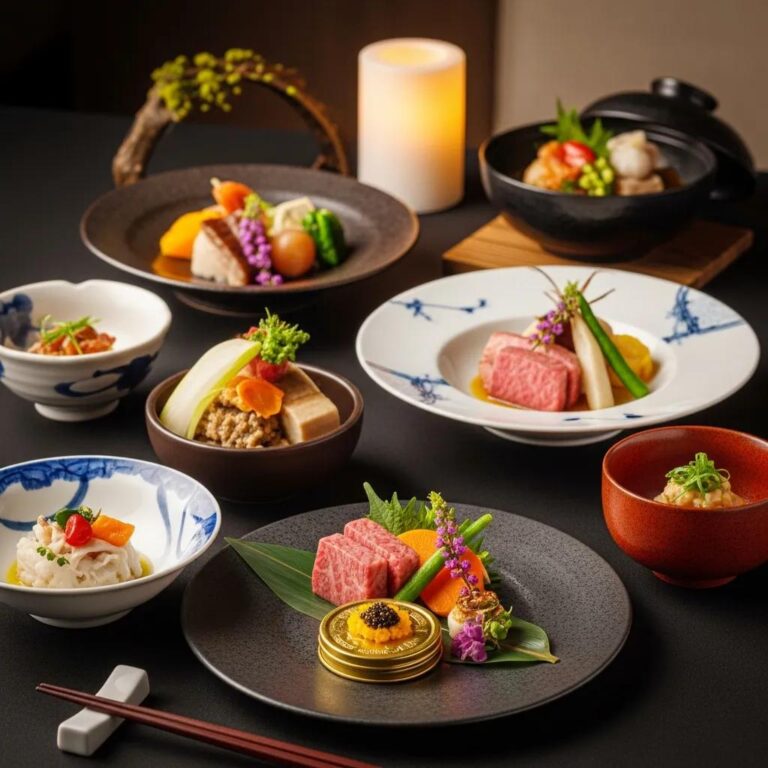 Elegant omakase dining setup with A5 Wagyu and caviar, highlighting luxury Japanese fine dining in Pasadena