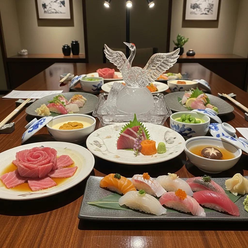 Omakase counter set with small, artful courses arranged to create a curated tasting experience in an intimate setting