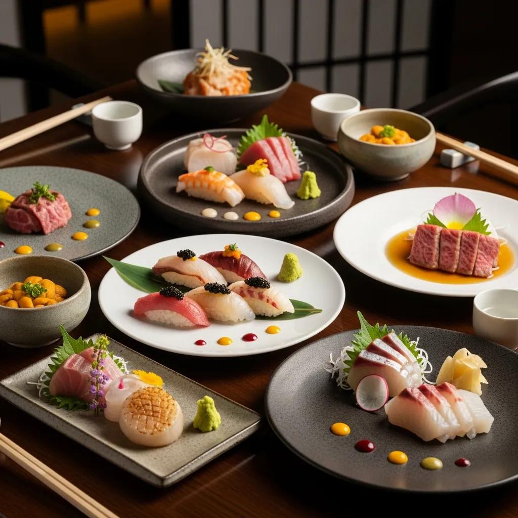 Elegant omakase presentation with caviar‑topped nigiri and A5 Wagyu