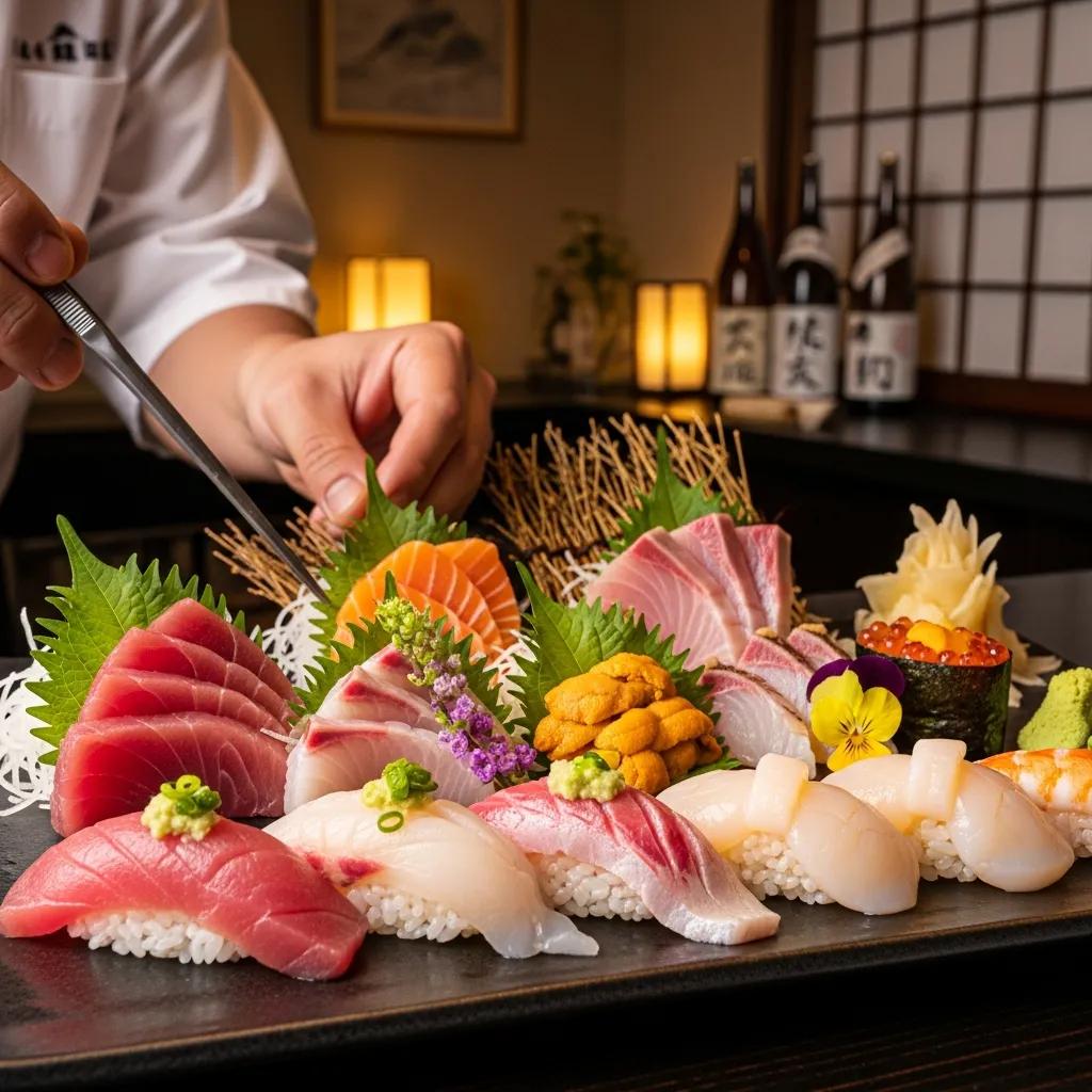 An elegant omakase platter with fresh sashimi presented in a calm dining environment