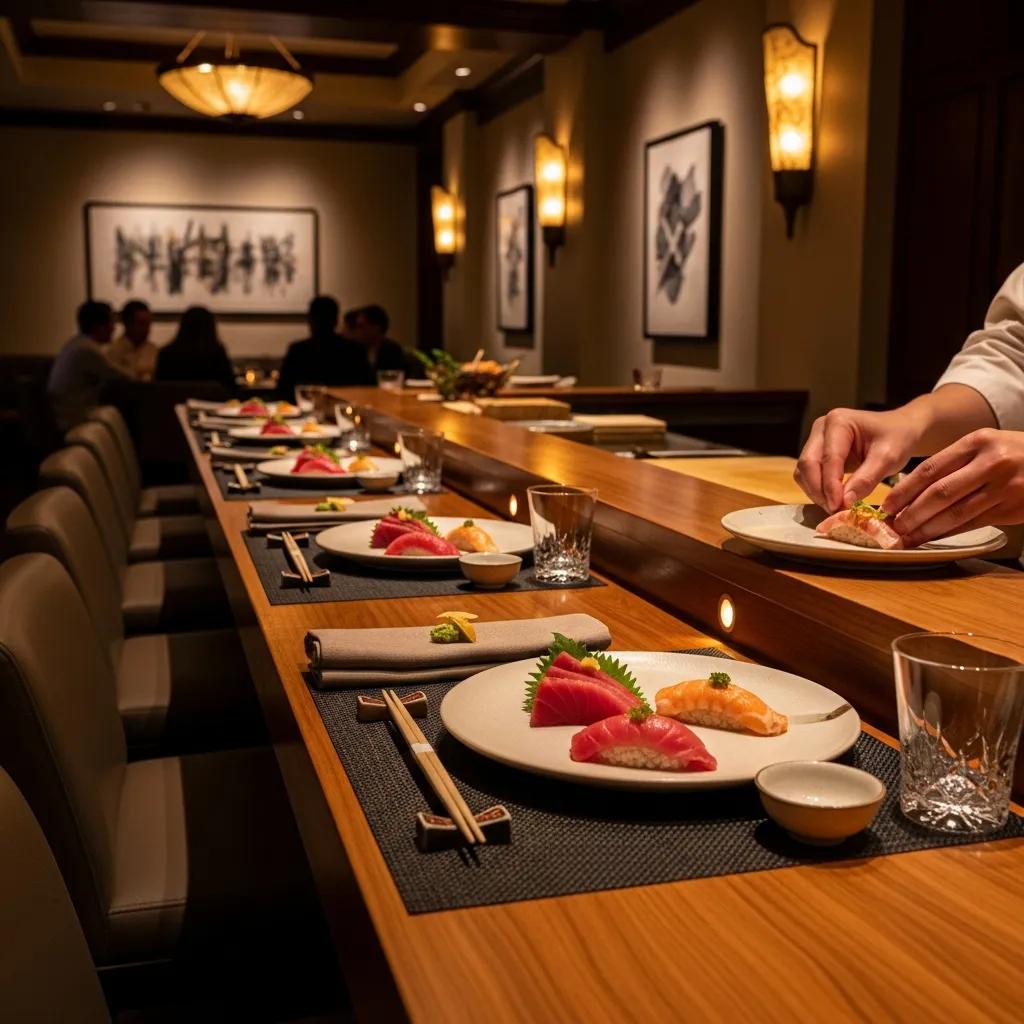 Elegant omakase dining setting in Pasadena, featuring premium sushi and sashimi, with a chef preparing dishes at a wooden counter, highlighting luxury culinary experiences.