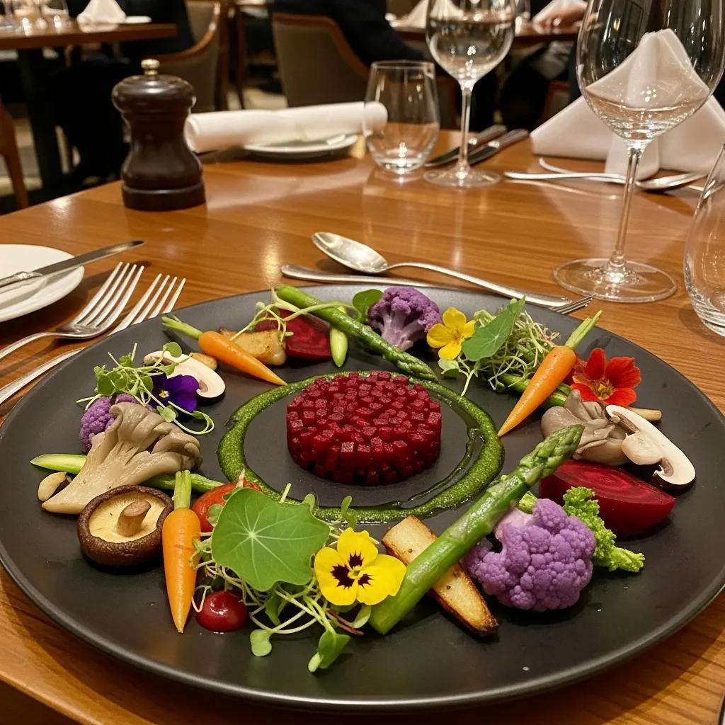 Elegant plant-based fine dining plate featuring seasonal vegetables, mushrooms, and vibrant garnishes in a luxurious restaurant setting, highlighting Kaviar's Autumn Harvest Menu.