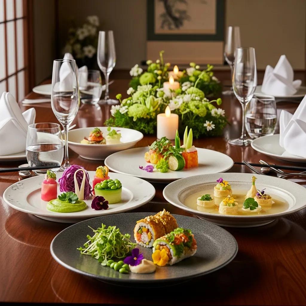 Elegant plant-based fine dining setup featuring beautifully plated Japanese-inspired dishes, including vibrant sushi rolls, colorful vegetable garnishes, and floral accents, set in a serene atmosphere with candles and fine dining tableware.