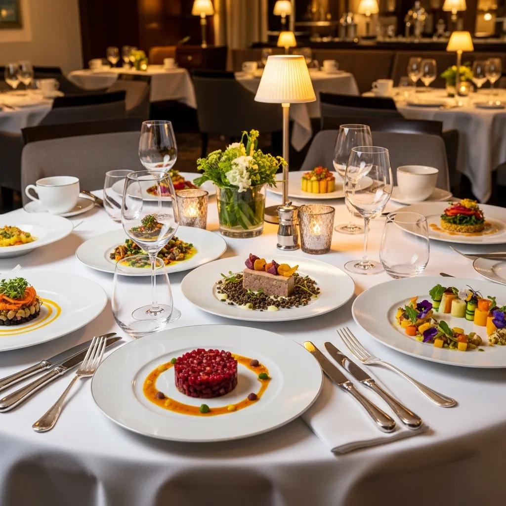 Elegant plant-based fine dining table setting with vibrant vegetable dishes and luxurious ambiance