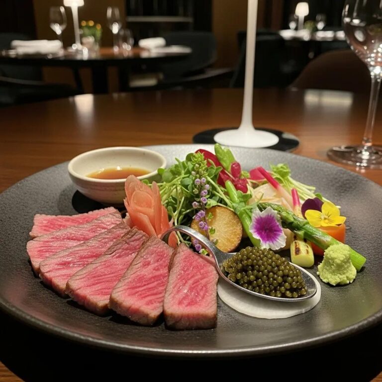 Elegant plate featuring A5 Wagyu beef, caviar, seasonal vegetables, and garnishes in a fine dining setting, highlighting Japanese culinary artistry at Kaviar Pasadena.