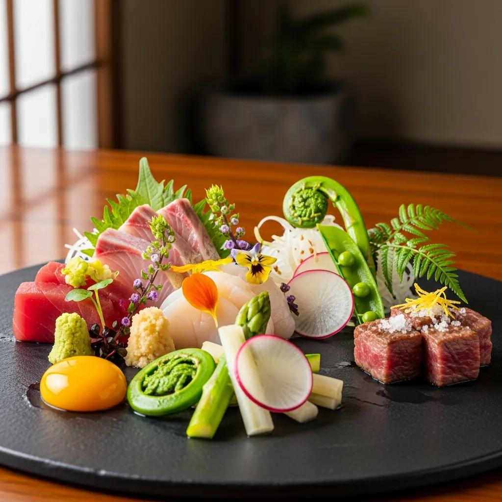Elegant plate of seasonal Japanese fine dining featuring fresh sashimi, vibrant spring vegetables, A5 Wagyu beef, and garnishes of edible flowers and herbs.