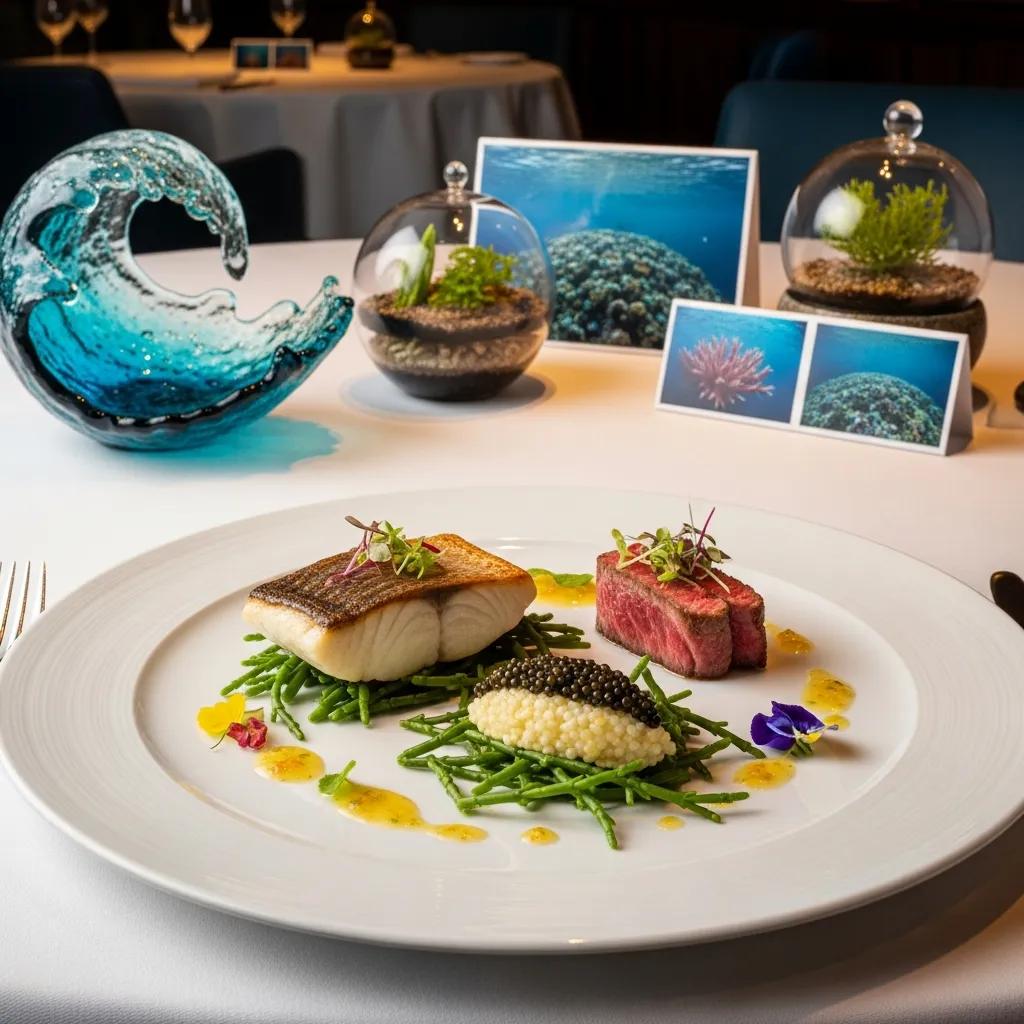 Elegant plate of sustainable seafood including fresh fish, A5 Wagyu, and caviar in a fine dining setting