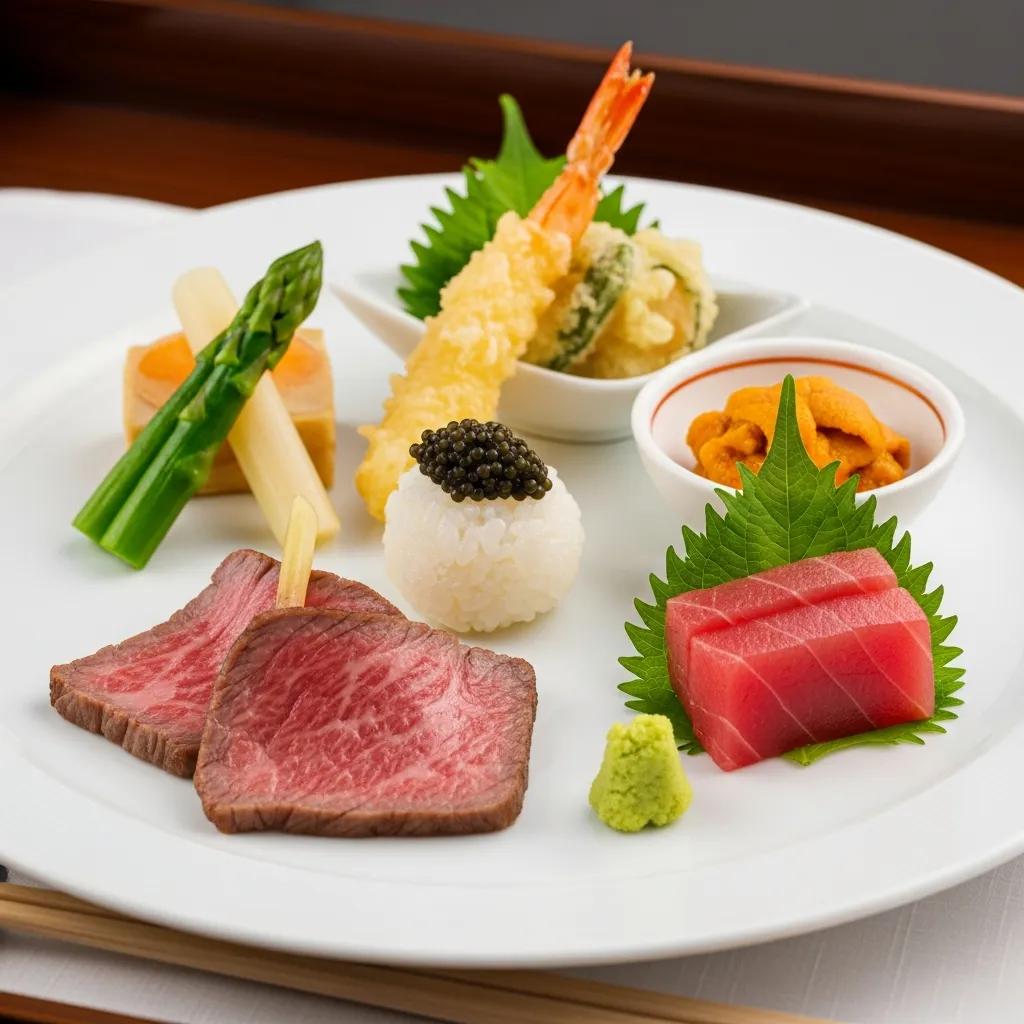 Refined presentation of A5 Wagyu, chilled caviar and elegant omakase bites for inflight service