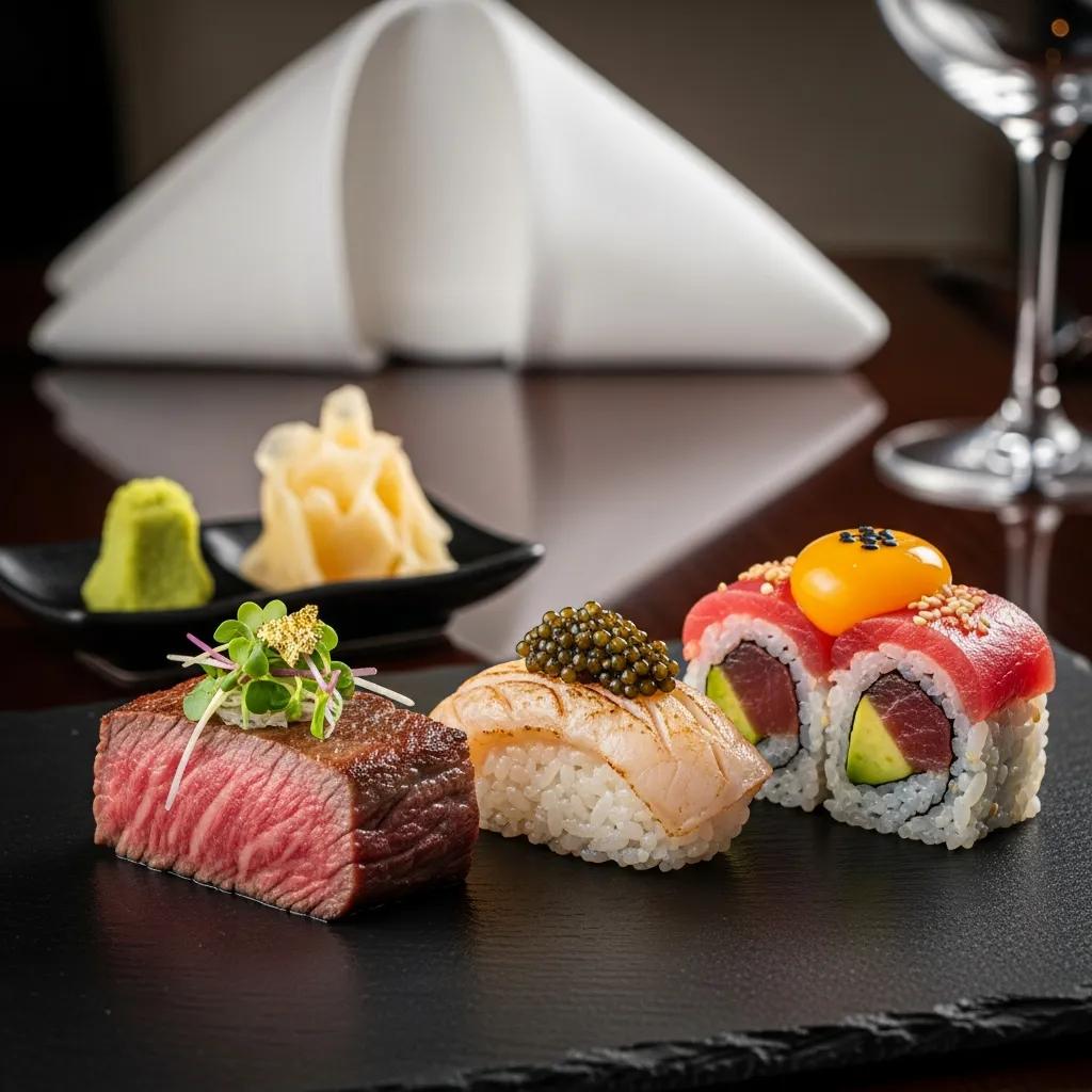 Elegant presentation of A5 Wagyu steak, seasonal sushi with caviar, wasabi, and pickled ginger, highlighting luxury Japanese dining at Kaviar Restaurant in Pasadena.