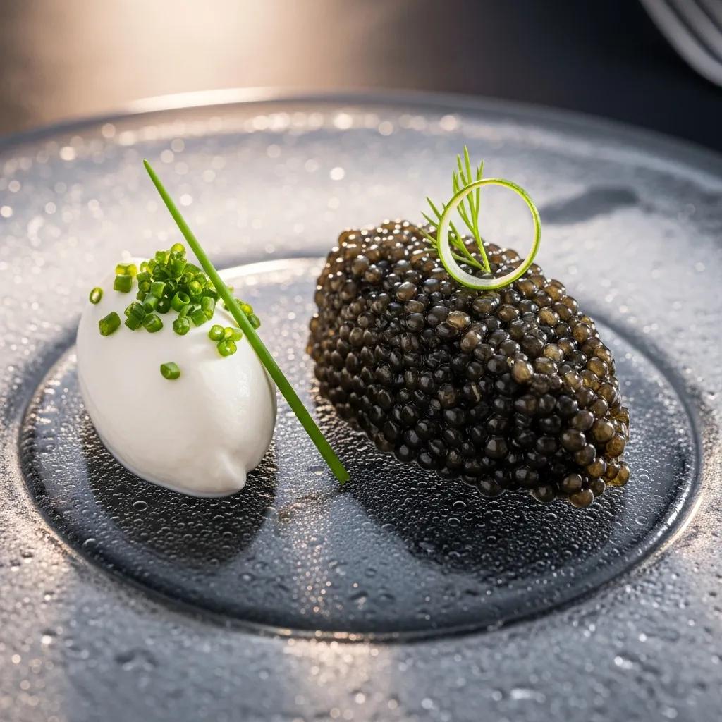 Caviar presented with crème fraîche and minimal garnishes on a chilled surface