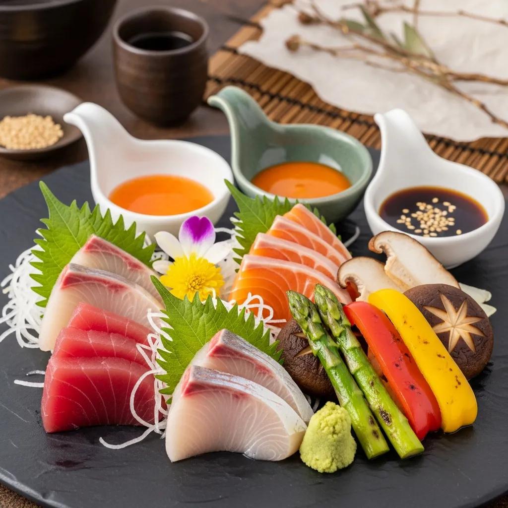 Elegant presentation of sashimi with assorted vegetables, garnished with wasabi and edible flowers, accompanied by Japanese-inspired sauces in small bowls, reflecting the principles of balance and subtlety in sauce-making.
