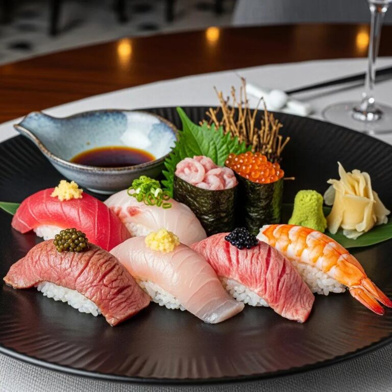 Elegant presentation of Japanese omakase featuring assorted sushi, including A5 Wagyu beef, fresh seafood, and Kaluga caviar, served with wasabi, pickled ginger, and soy sauce, highlighting quality ingredients in fine dining at Kaviar Restaurants.