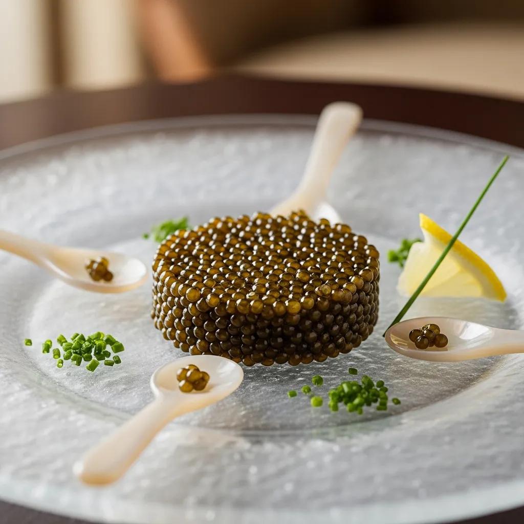 Elegant presentation of Kaluga caviar served with mother-of-pearl spoons, garnished with chives and lemon, highlighting luxury dining experience at Kaviar Restaurants.