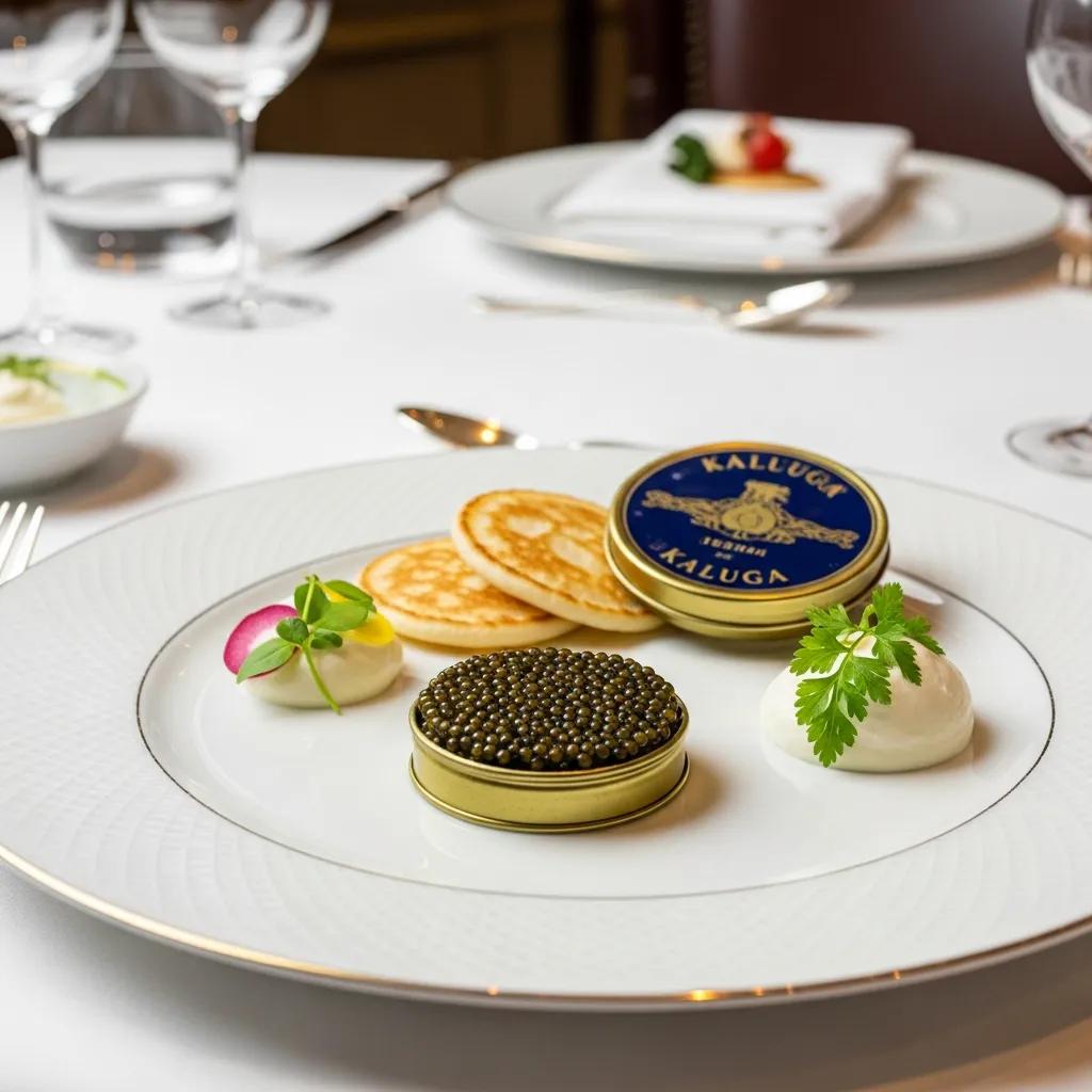 Kaluga caviar presented with classic accompaniments on a chilled service plate