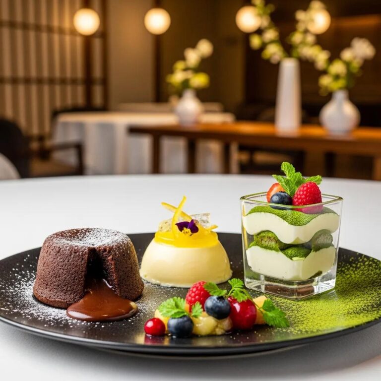 Elegant presentation of Kaviar's signature desserts, featuring chocolate lava cake, yuzu panna cotta, and matcha mousse, garnished with fresh berries and mint, in a refined dining setting.