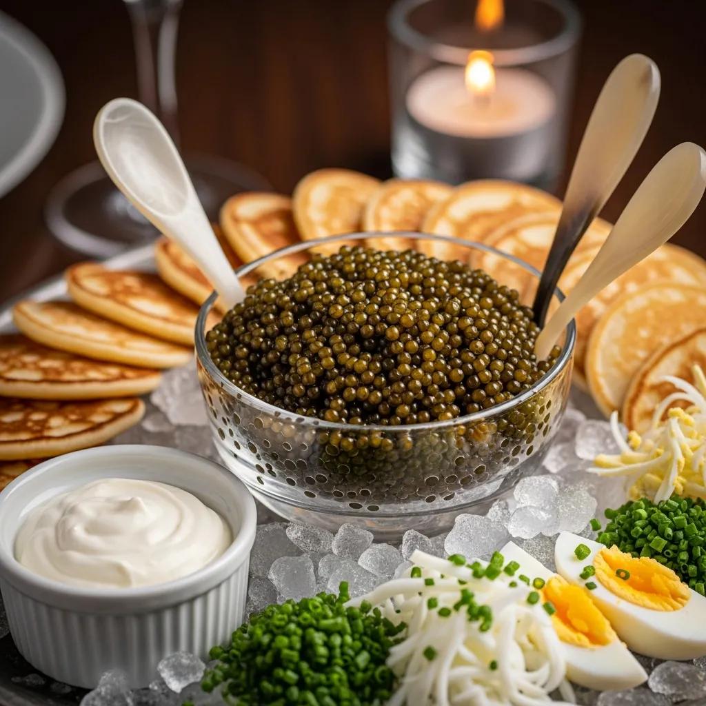Elegant caviar presentation with blini, mother-of-pearl spoons, cr&egrave;me fra&icirc;che, and garnishes on ice, enhancing the luxurious dining experience at Kaviar Restaurants.