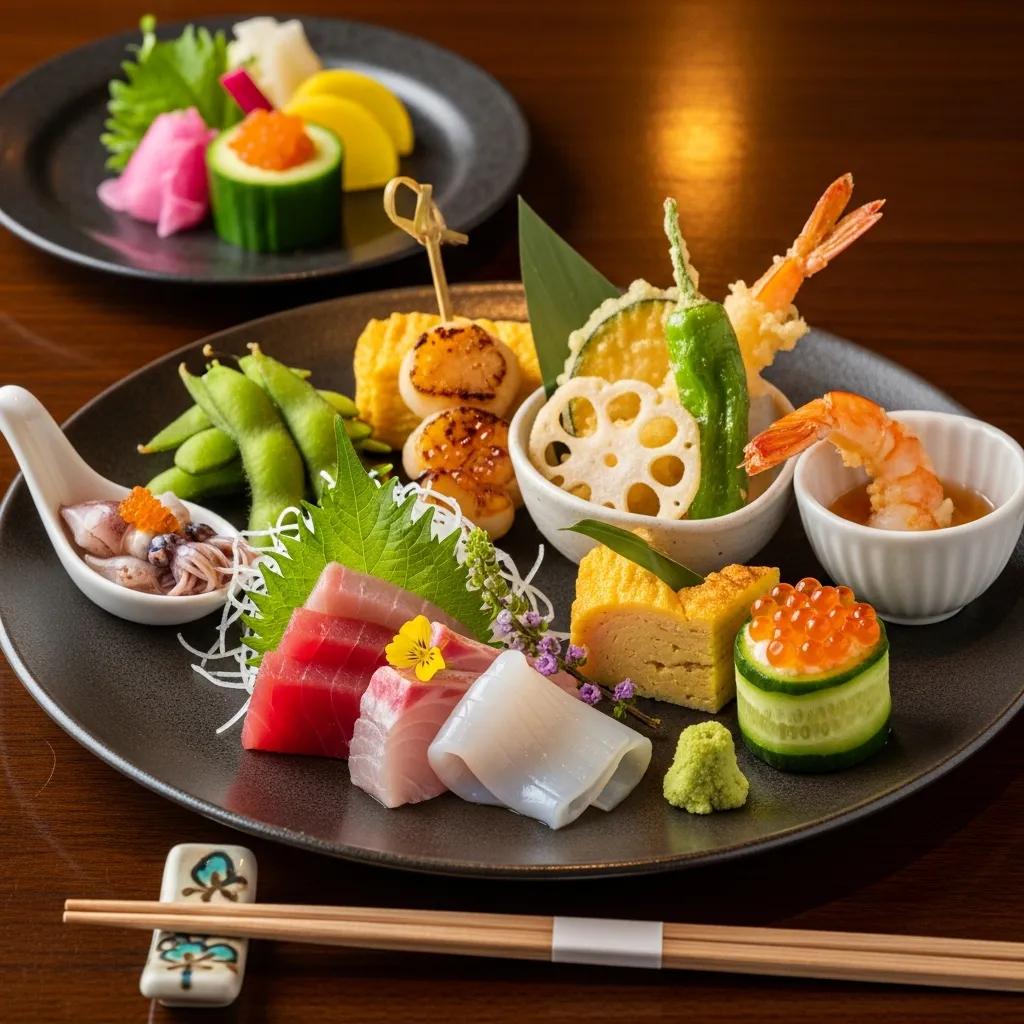 Elegant presentation of seasonal Japanese appetizers highlighting fresh ingredients and fine dining aesthetics