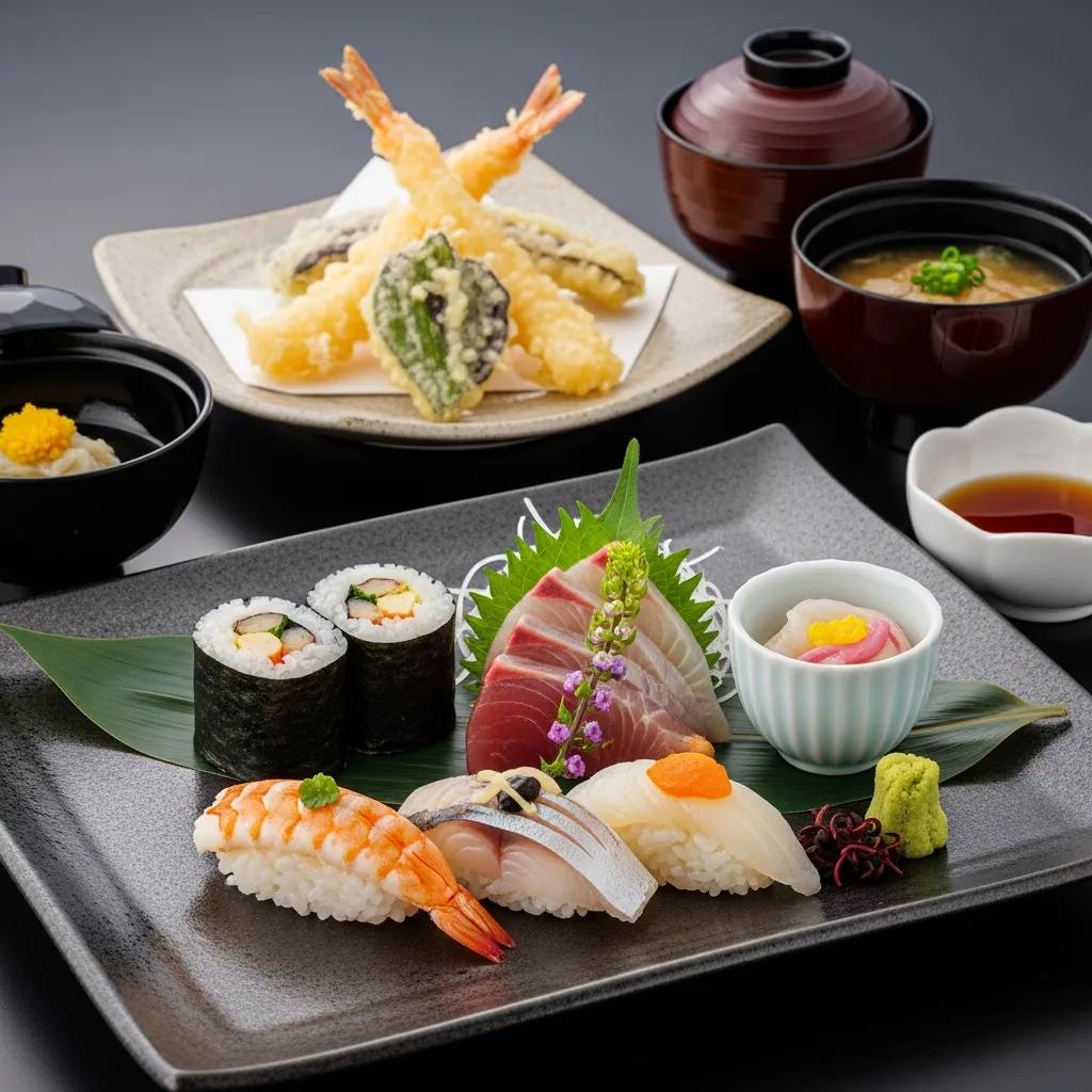 Artful presentation of Japanese dishes&mdash;sushi, tempura and small plates&mdash;highlighting common allergens like soy and fish.
