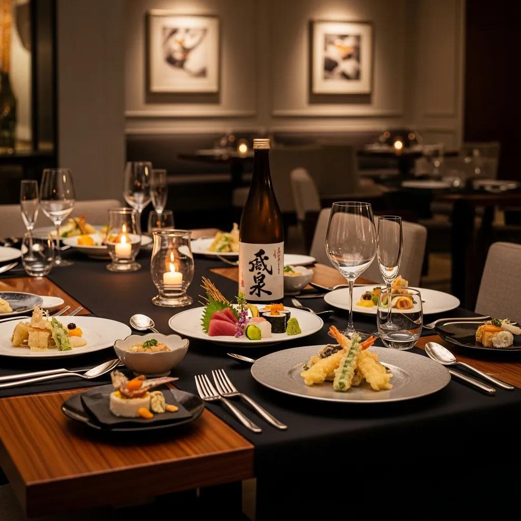 Elegant private dining setup featuring fine Japanese cuisine, including sushi, sashimi, and tempura, complemented by a sake bottle and candlelight ambiance in a luxurious restaurant setting.