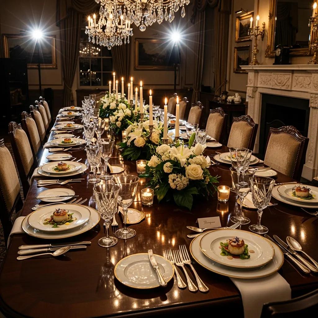 Elegant private dining setup featuring gourmet dishes, fine dining decor, floral arrangements, and candlelight ambiance, ideal for luxury dining experiences at Kaviar Restaurants.